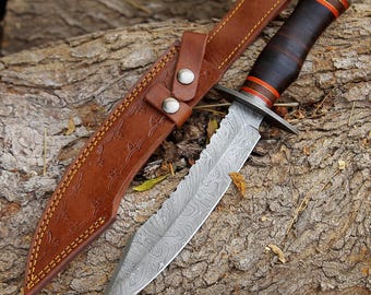 Coltello Bowie in acciaio Damasco fatto a mano: manico in palissandro, fodero in pelle
