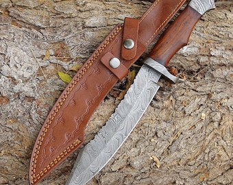 Handmade Damascus Hunting Knife with Rosewood Handle – Bowie Camping Blade