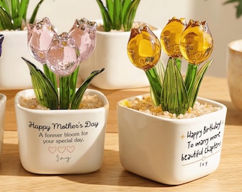Personalized Glass Tulip, Custom Mother's Day Gift for Mom, Best Friend Birthday Present, Miniature Floral Desk Decor