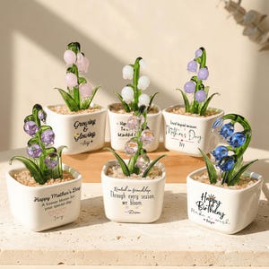 May include: A collection of glass flower sculptures in small white square pots. The flowers are in shades of pink, white, and blue. Each pot has a message, such as "Happy Mother's Day" or "Happy Birthday".