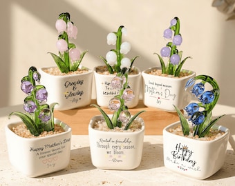Personalized Glass Lily of the Valley, Custom Text Flower Pot, Mother's Day Gift for Mom Grandma, Handmade Forever Flower Desk Decor