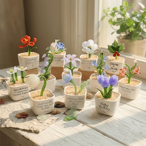 Peut inclure: Une collection de petits pots carrés en céramique blanche, chacun contenant une sculpture de fleur en verre. Les fleurs sont de différentes couleurs, dont le rouge, le blanc, le violet et le bleu. Certains pots portent des inscriptions.
