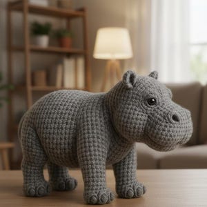 Op de afbeelding: Een grijs gehaakt nijlpaard speelgoed met een textuur. Het handgemaakte nijlpaard heeft een afgerond lichaam, korte poten en een gedetailleerd gezicht met kleine oren en ogen. Het is een decoratief item.