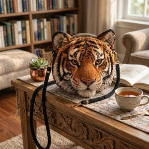 May include: A handcrafted, round purse shaped like a tiger's head, featuring orange, black, and cream crochet details. The bag has a black strap and a gold zipper. The purse is displayed on a wooden table with a cup of tea.