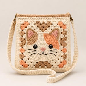 Puede incluir: Bolso bandolera de crochet color crema con diseño de cara de gato. La cara del gato tiene manchas marrones y naranjas, bigotes negros y una nariz rosa. El bolso es cuadrado con una correa crema y un borde marrón.
