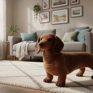 May include: A crocheted dachshund dog in shades of brown stands on a cream-colored rug. The handmade dog has floppy ears, a long body, and short legs. The background includes a sofa, framed pictures, and a window.