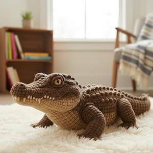 Può includere: Un giocattolo a forma di alligatore all'uncinetto, nei toni del marrone e del beige, con un corpo strutturato e dettagli curati. L'alligatore ha un lungo muso, denti visibili e occhi gialli. È appoggiato su un tappeto bianco e soffice.
