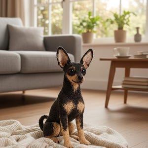Puede incluir: Figura de perro de ganchillo en negro y canela, sentado sobre una manta color crema. El perro tiene orejas grandes y está en posición sentada. El fondo incluye una ventana, un sofá gris y una mesa de madera.