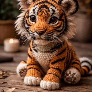 May include: A handcrafted crochet tiger cub with orange and black stripes, white accents, and large brown eyes. The plush toy is sitting on a wooden surface, showcasing its detailed craftsmanship and cuddly appearance. The tiger cub is a charming handmade item.
