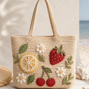 Virkmönster för frukttote i PDF-format, sommarväska i raffia med jordgubb, citron, prästkrage och applikation, gör-det-själv-väska till strandmarknaden