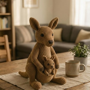 May include: A crocheted kangaroo and joey in a warm brown color sit on a wooden table. The kangaroo has large ears and a small, dark nose. The joey is nestled in the kangaroo's pouch. A neutral-colored mug and a small potted plant are also on the table.