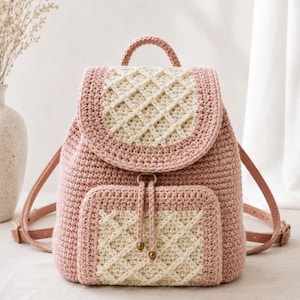 Crochet Backpack Pattern, Blush Cable Rucksack, Ivory Drawstring Purse PDF Tutorial