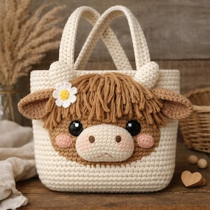 May include: A cream-colored crochet tote bag featuring a Highland cow design. The cow has brown fur, ears, and a flower. The bag has two cream-colored handles.
