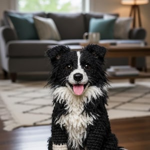 May include: A handcrafted crochet dog in black and white, resembling a Border Collie. The dog has a fluffy white chest, paws, and tail tip, with a pink tongue sticking out. It is sitting on a wooden surface.