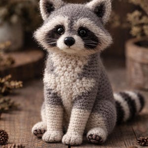 Puede incluir: Figura de mapache de ganchillo hecha a mano en tonos grises y crema, con una máscara negra y una cola a rayas. El mapache amigurumi está sentado sobre una superficie de madera, mostrando su detallada artesanía y su adorable diseño.