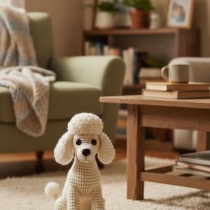 May include: A cream-colored, crocheted poodle dog with a fluffy head, ears, and feet. The dog has black eyes and a stitched smile. It is sitting on a cream-colored carpet in a cozy living room setting.