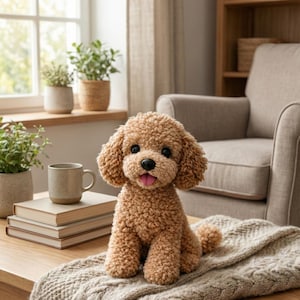 May include: A plush, brown poodle toy with a pink tongue sits on a light brown wooden table. The toy is placed on a beige cable-knit blanket. A mug and books are also on the table. The background includes a window, plants, and a neutral-toned living room.