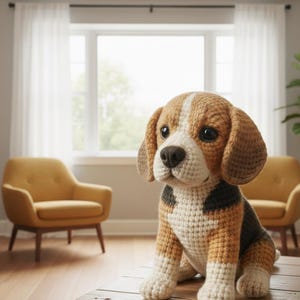 May include: A handmade crochet beagle dog with brown, white, and black details. The stuffed animal has large, floppy ears and a friendly expression. The dog is sitting on a wooden surface in a well-lit room.