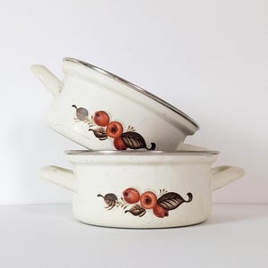 Peut inclure: Deux casseroles anciennes en émail blanc empilées. Chaque casserole a un bord argenté et des poignées. Un motif floral avec des baies rouges et des feuilles brunes décore le devant de chaque casserole. Articles de cuisine.