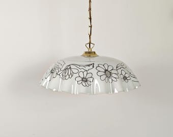 Lampe à suspension florale vintage en verre | Lampe de cuisine Cottagecore | Plafonnier suspendu rétro | Abat-jour en verre opale blanc | Décoration de ferme