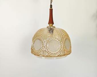 Suspension vintage en verre ambré / Lampe à suspension Mid-Century des années 70 / Plafonnier rétro / Abat-jour en verre de style art déco / Éclairage ambiant chaleureux