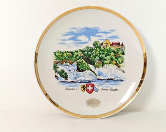 Vintage Rheinfall Schweiz Wandteller / Porzellanteller Schloss Laufen / Schweizer Porzellanteller / Goldrand