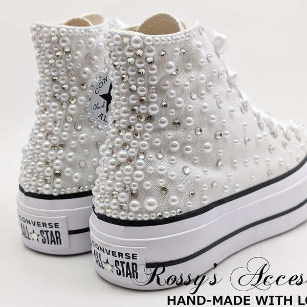 Platform Pearls Crystal Wedding Converse High Top for Bride / White Wedding Converse  / Custom High Top Bling Platform Converse .