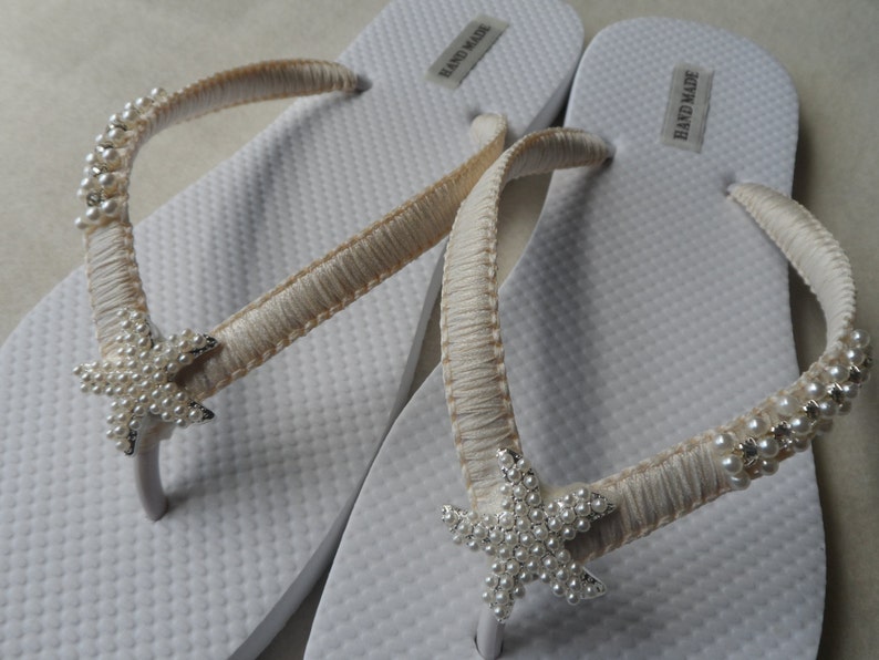 Ivory Wedding Flip Flops / Silver Pearls Starfish Flip Flops / | Etsy