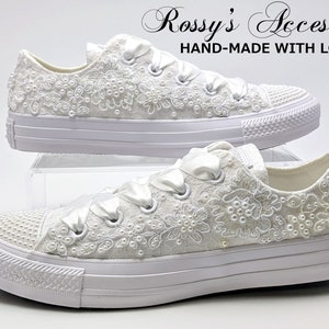 White Applique and Pearls Crystal Wedding Converse for Bride / White Wedding Converse / Wedding Converse Shoes /  Pearls Low Top Converse .