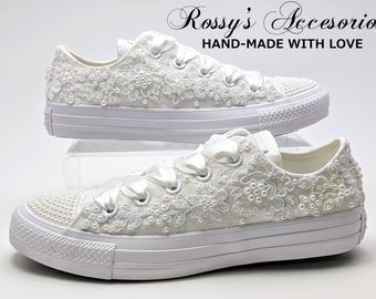 White Applique and Pearls Crystal Wedding Converse for Bride / White Wedding Converse / Wedding Converse Shoes /  Pearls Low Top Converse .