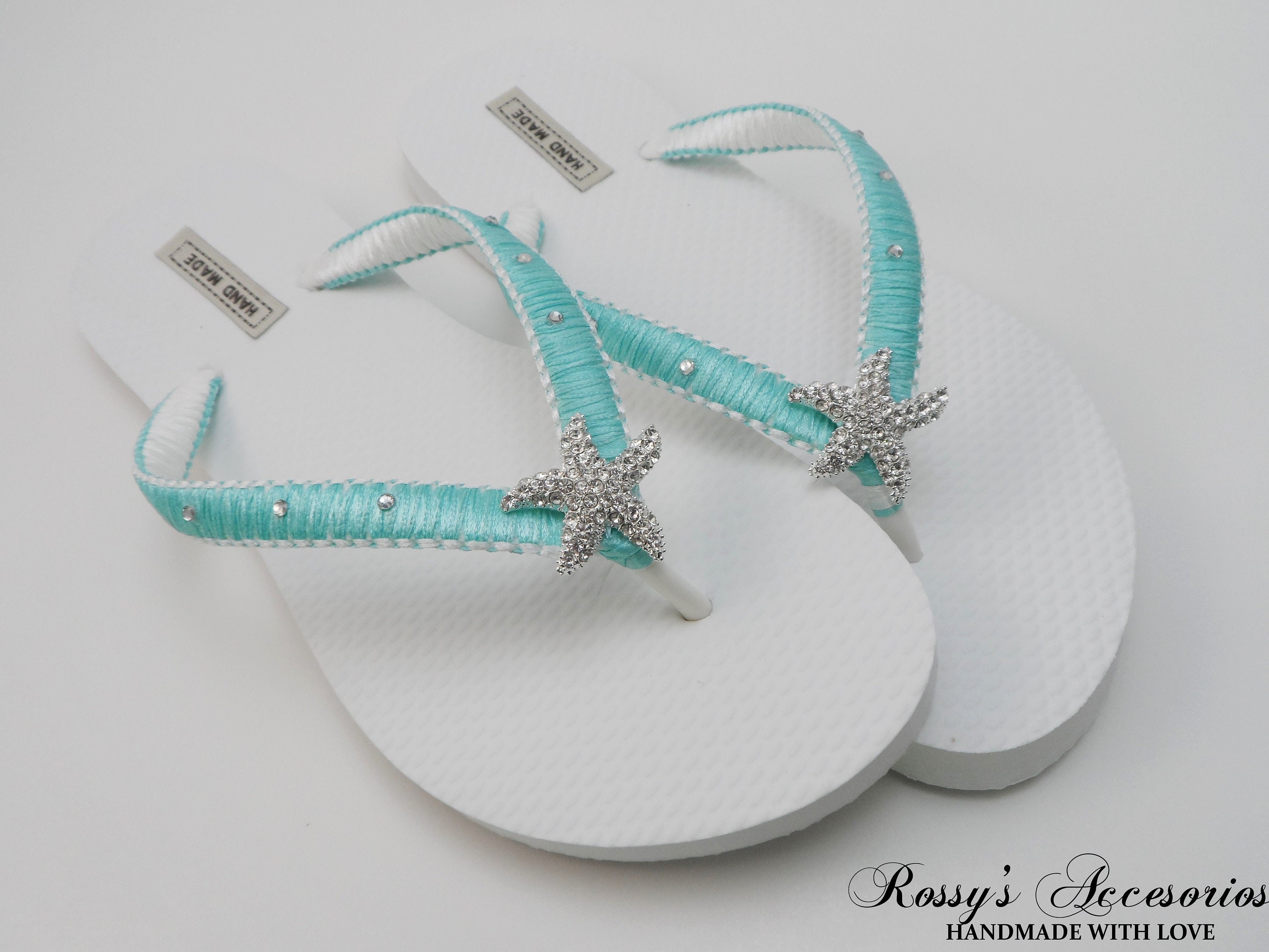 Aqua Blue & White Wedding Flip Flops / Starfish Rhinestone | Etsy