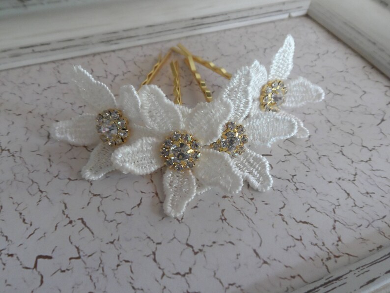 Bridal Ivory Gold Flower Lace Hair Pins / Lace Flowers Hair Etsy