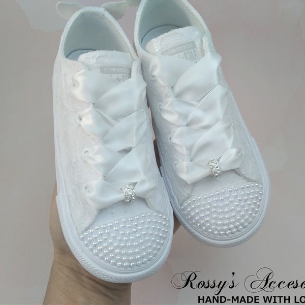 Converse Shoes For Toddler Girls / White Canvas Lace Converse /Flower Girl White Lace Sneakers/First Communion Shoes/Baby Baptism Shoes