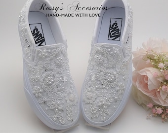 Ivory Lace Hochzeit Vans, Braut Slip-On Sneakers