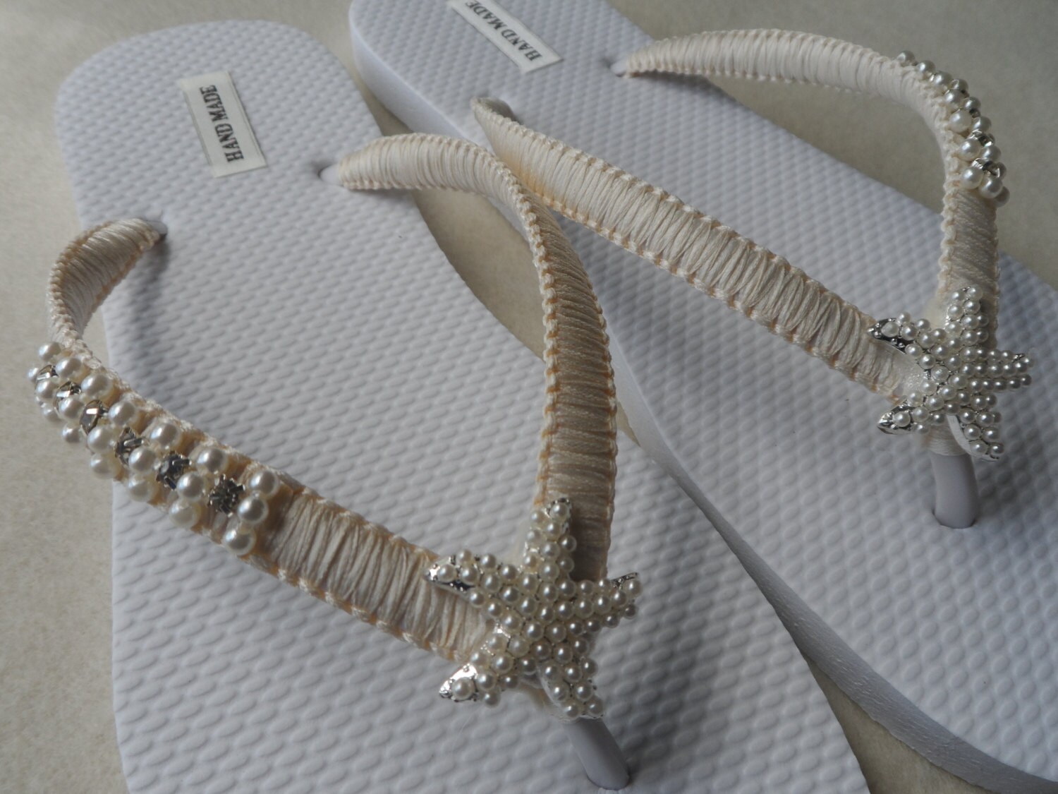 Ivory Wedding Flip Flops / Silver Pearls Starfish Flip Flops / | Etsy