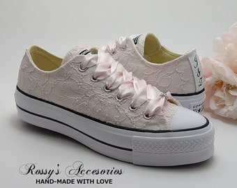 Pearls Blush Pink Lace  Platform Converse  / Women's Platform Converse/ Wedding Lace Converse /Bridal Converse  / Wedding  Converse Shoes.