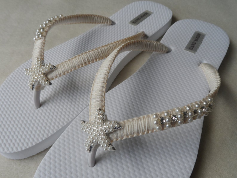 Ivory Wedding Flip Flops / Silver Pearls Starfish Flip Flops / | Etsy