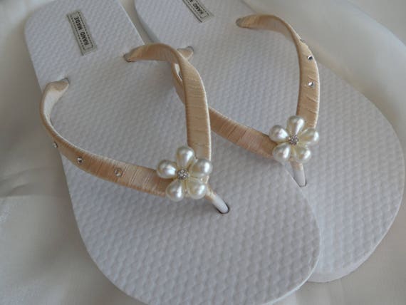 Champagne Bridal Flip Flops / Flower Pearl flip flops / Beach | Etsy