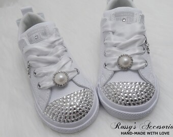 Crystal Converse Shoes For Toddler Girls / White Leather Shoes Converse /Wedding Converse  / No Stripes / Baby Toddler Girls / Sizes, 2-10