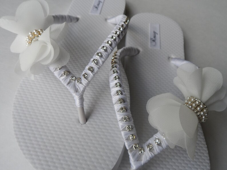 Bridal White Flip Flops / Chiffon Bow Rinestone wedding Flip | Etsy