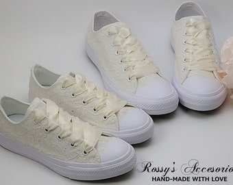 Custom Matching Ivory Converse  / Ivory Canvas Lace Converse /Wedding Shoes  / Custom Sneakers for Mom and Daughter/ Bride and Flower Girl