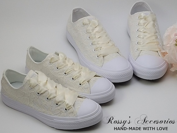 Aangepaste bijpassende ivoren converse ivoor canvas kant