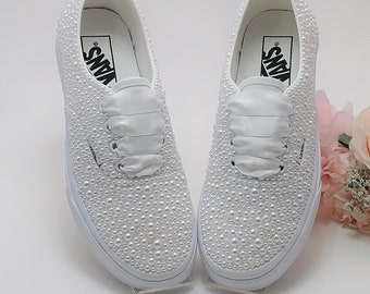 Lace Up  White Pearls Wedding Vans / Wedding Vans Sneakers For Bride / White Pearls Vans Sneakers/ Wedding Authentic Vans.