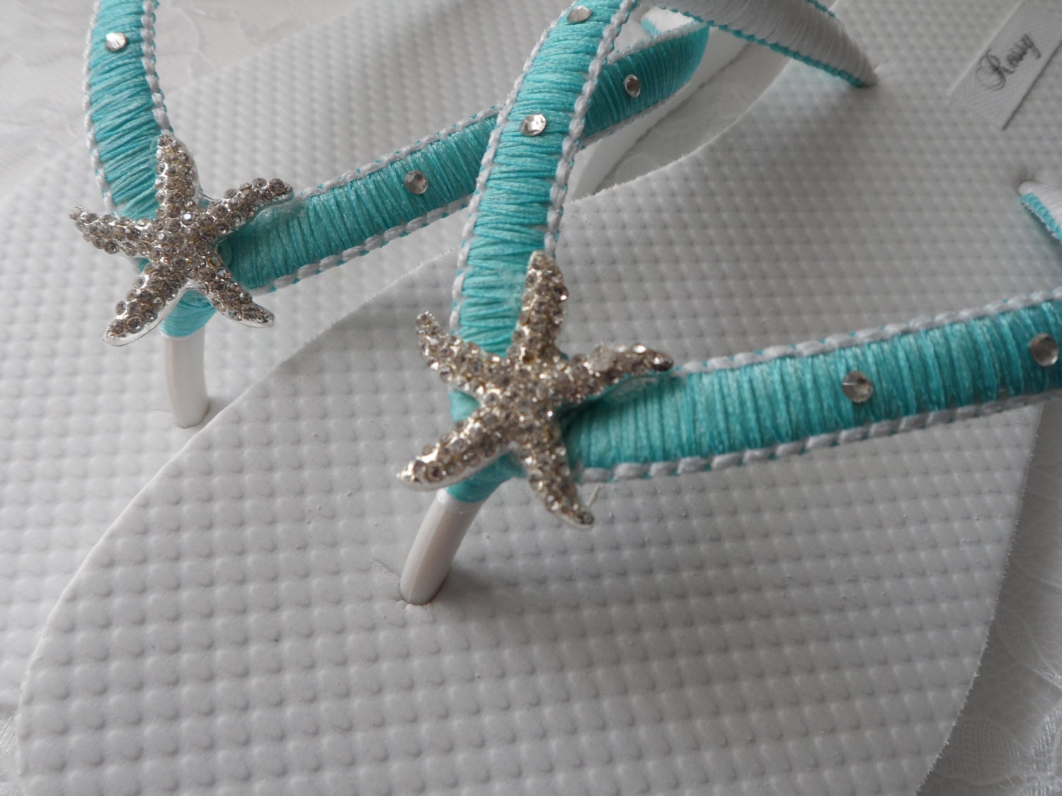 Aqua Blue & White Wedding Flip Flops / StarFish Rhinestone | Etsy