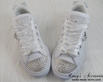 Crystal Converse Shoes For Toddler Girls / White Leather Converse /Wedding Converse  / No Stripes / Baby Toddler Little Girls / Sizes, 2-13