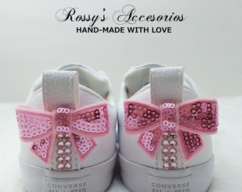 Crystal Bow Converse Shoes for Toddler Girls, White Leather Sneakers