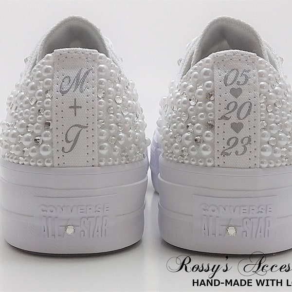 Custom All White  Platform Pearls Crystal Wedding Converse for Bride / All White Platform Wedding Converse  / Custom Bling Platform Convers