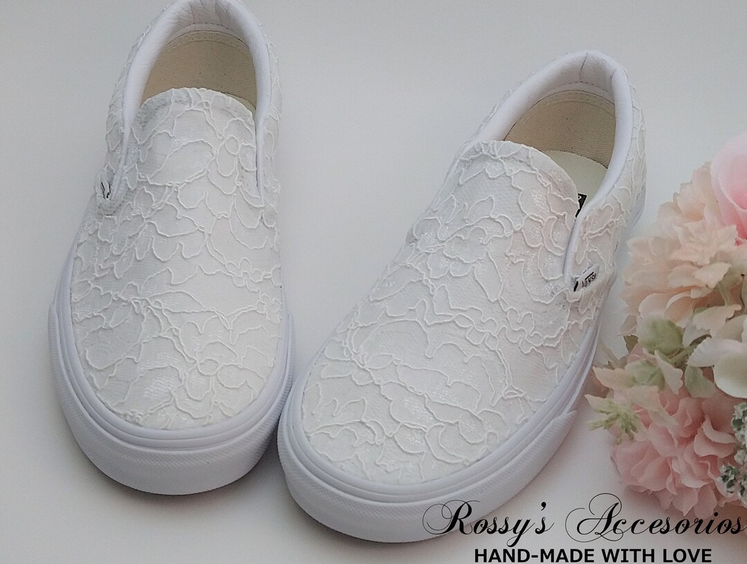 Slip on White Lace Wedding Vans / Lace Vans Slip on Sneakers / Wedding