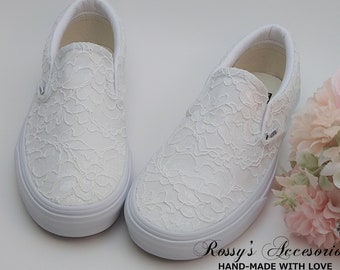 Slip On White Lace Wedding Vans / Lace Vans  Slip On Sneakers / Wedding Authentic Vans / Bridal Vans Shoes / Wedding Vans Sneakers For Bride