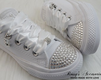 Crystal Converse Shoes for Toddler Girls, White Leather Sneakers